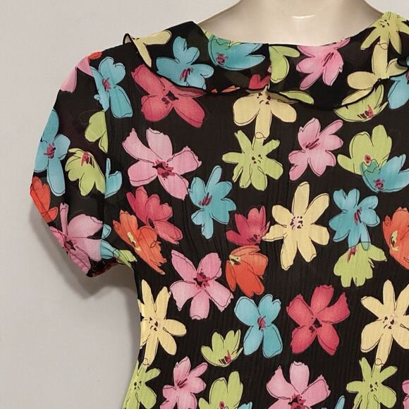 Vintage Funky Women Top XL Black Bright Floral Micro Pleat Crinkle Retro Mod Y2K - Picture 7 of 14